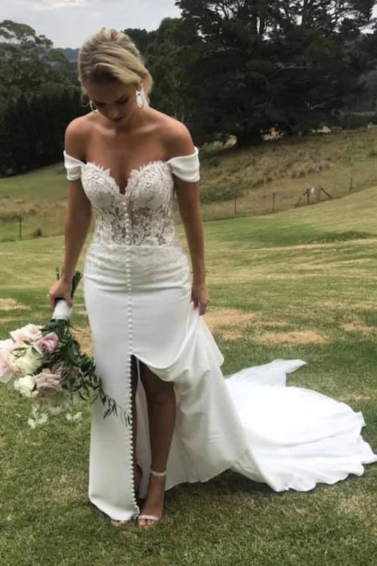 Off the Shoulder Slit Mermaid Sweetheart Wedding Dresses with Train Wedding