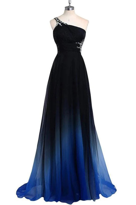 Ombre A line Chiffon One Shoulder Prom Dresses Long Evening Dresses