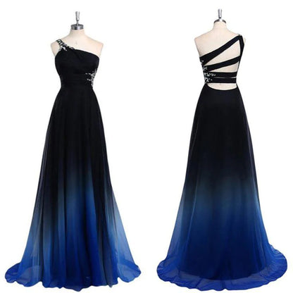 Ombre A line Chiffon One Shoulder Prom Dresses Long Evening Dresses