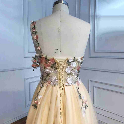 One Shoulder Champagne Long Prom Dress with Flowers Slit