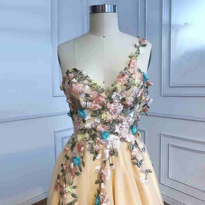 One Shoulder Champagne Long Prom Dress with Flowers Slit