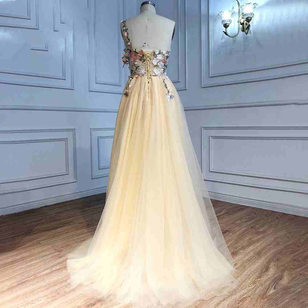 One Shoulder Champagne Long Prom Dress with Flowers Slit