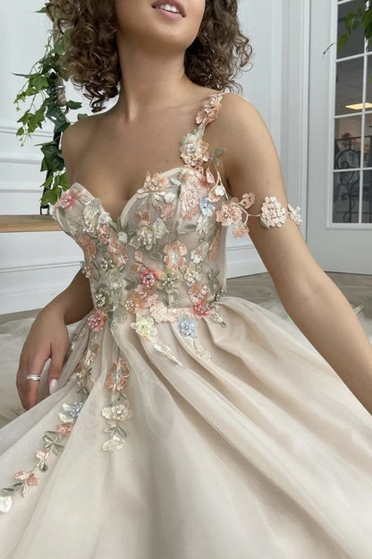 One Shoulder Champagne Long Prom Dress with Flowers Slit