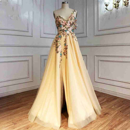 One Shoulder Champagne Long Prom Dress with Flowers Slit