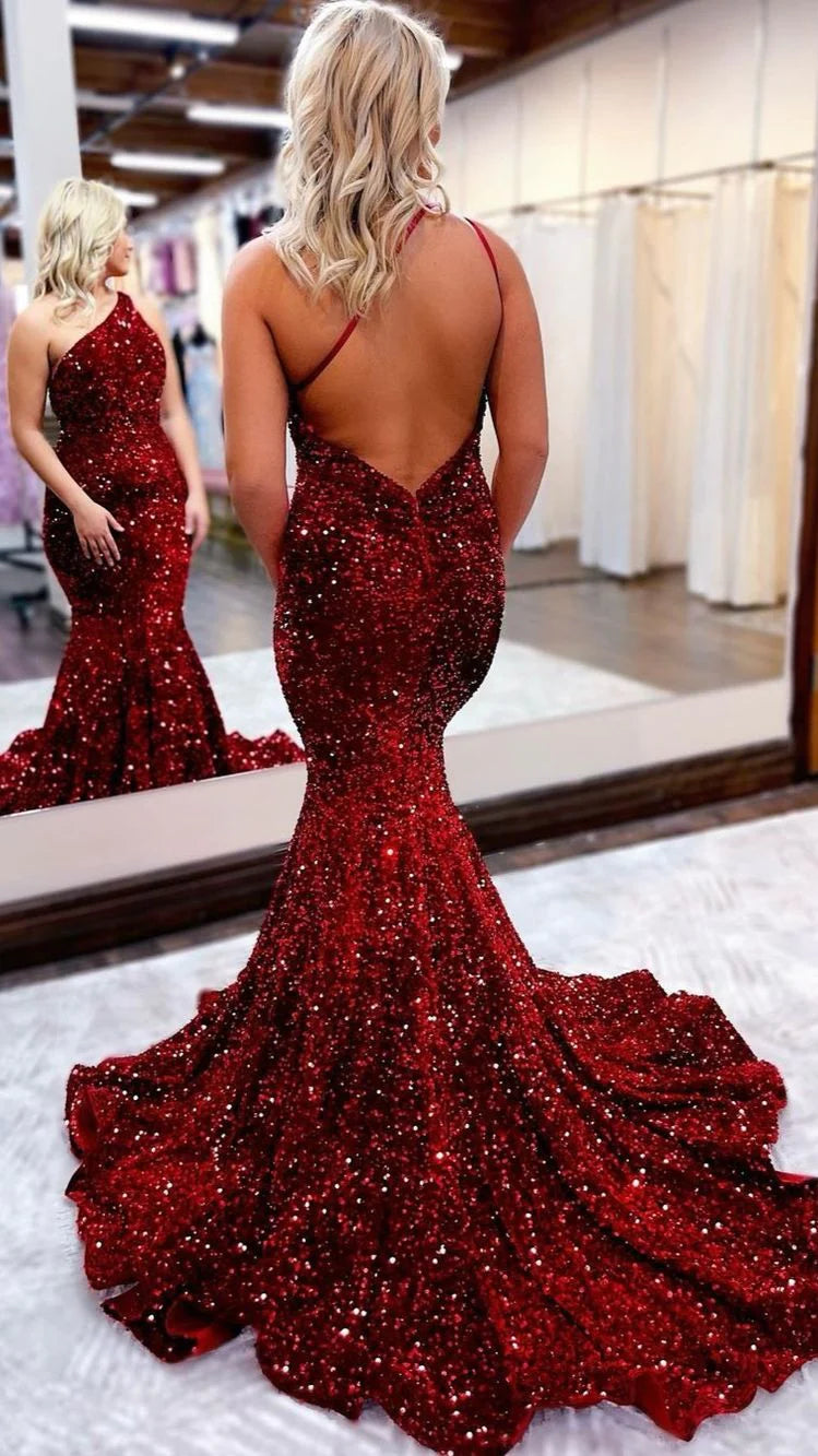 One Shoulder Mermaid Sequin Backless Red Sweep Train Prom Dresses