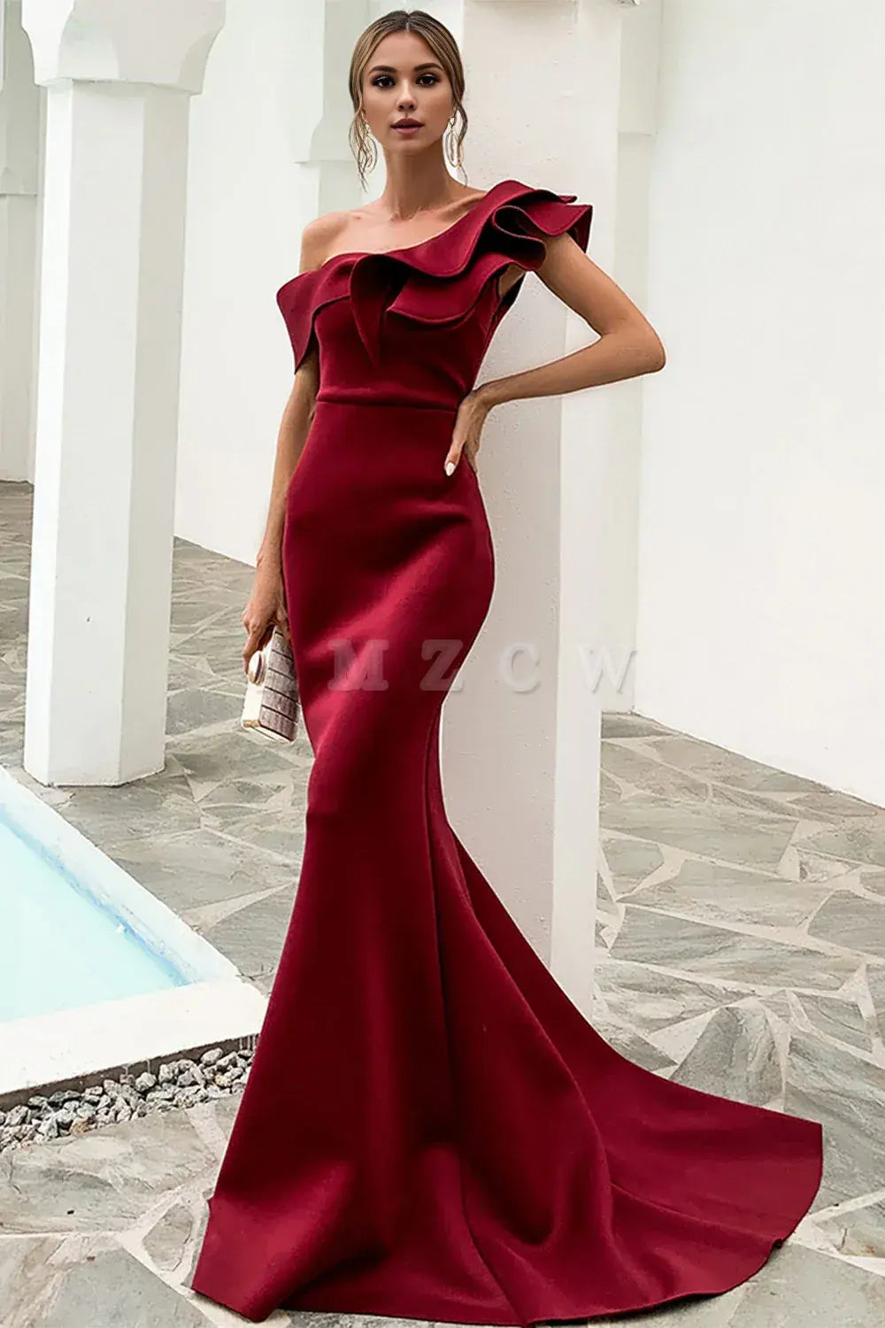 Amzcw One Shoulder Mermaid Burgundy Prom Dress gowns evening dresses prom dresses shops