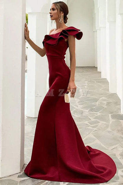 Amzcw One Shoulder Mermaid Burgundy Prom Dress gowns evening dresses prom dresses shops