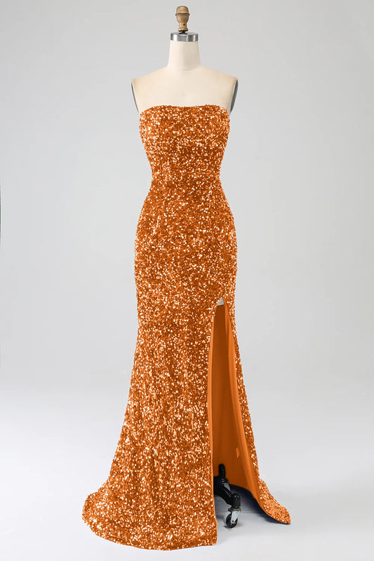 Amzcw Orange Mermaid Strapless Sequins Long Prom Dress With Slit