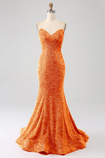 Amzcw Orange Mermaid Sweetheart Sweep Train Prom Dress With Sequins prom dresses shops