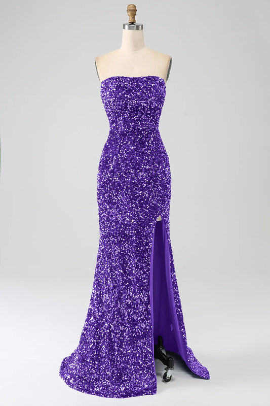 Amzcw Orchid Mermaid Strapless Sequins Long Prom Dress With Slit