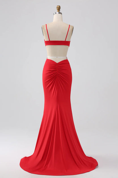 Amzcw Red Mermaid Spaghetti Straps Pleated Backless Long Prom Dress long sleeve long dresses prom