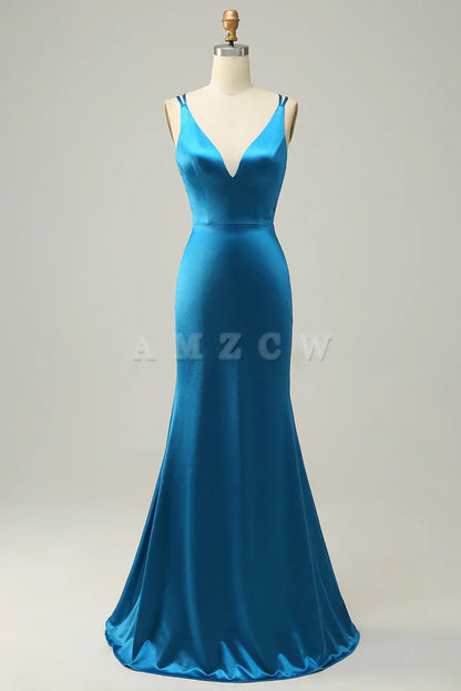 Amzcw Blue Mermaid Backless Long Prom Dress gowns evening dresses prom dresses shops