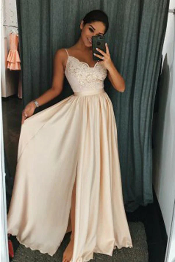 Elastic Satin A-Line Spaghetti Straps Side Slit Prom Dress with Appliques