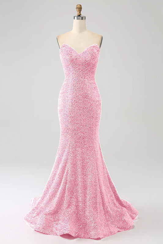 Amzcw Pink Mermaid Sweetheart Sweep Train Prom Dress With Sequins prom dresses shops