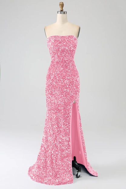 Amzcw Pink Mermaid Strapless Sequins Long Prom Dress With Slit