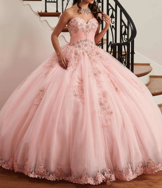 Pink Strapless Lace Applique Beads Ball Gown Quinceanera Dress