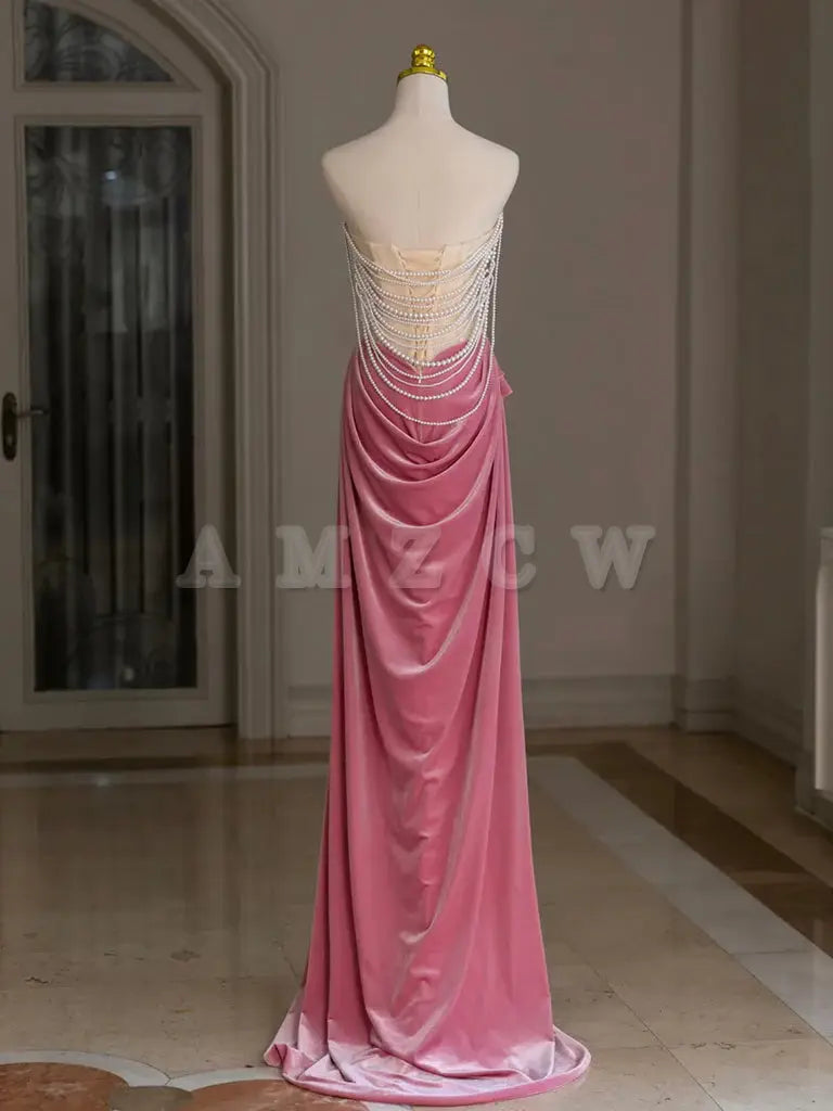 Amzcw Pink Mermaid Velvet Beads Long Prom Dress Pink Long Formal Dress prom dress in store ﻿