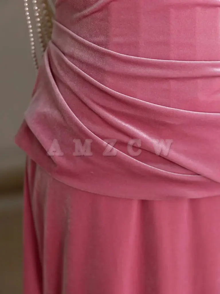 Amzcw Pink Mermaid Velvet Beads Long Prom Dress Pink Long Formal Dress prom dress in store ﻿