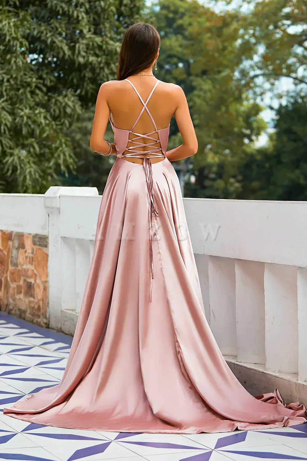 Amzcw Pink Satin Prom Dress Mermaid Long Prom Dress with Slit prom dresses shops gowns evening dresses