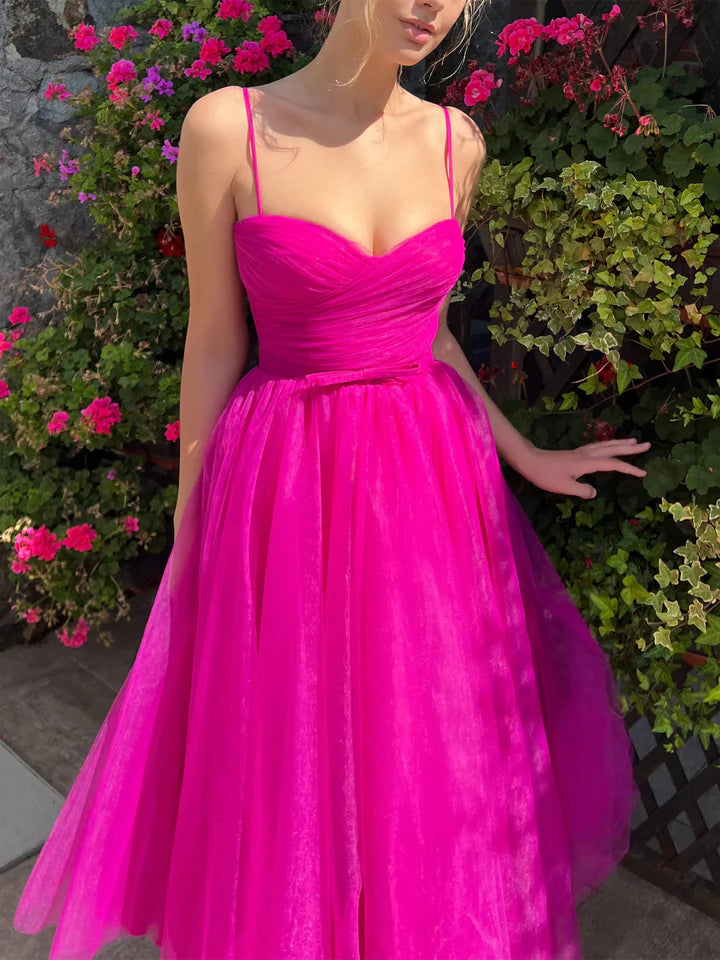 A-Line/Princess Spaghetti Straps Tea-Length Prom Dresses