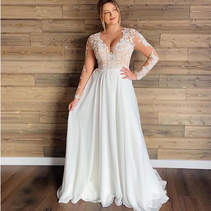 Plus Size A Line Long Sleeve Chiffon V Neck Appliques Wedding Dress