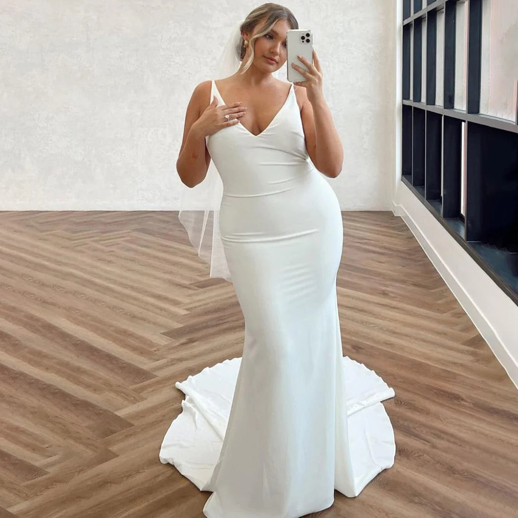 Plus Size Detachable Drape Back V-neck Trumpet Satin Wedding Dresses