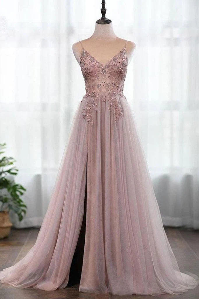 Plus Size Gorgeous A-Line Spaghetti Straps V Neck Tulle Prom Dresses With Beaded