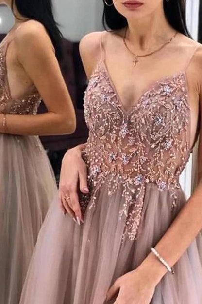 Plus Size Gorgeous A-Line Spaghetti Straps V Neck Tulle Prom Dresses With Beaded