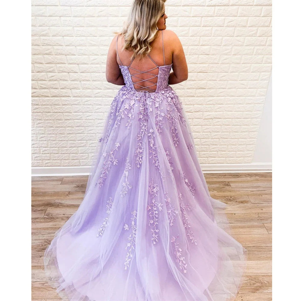 A-Line Spaghetti Straps Backless Long Prom Dresses With Appliques