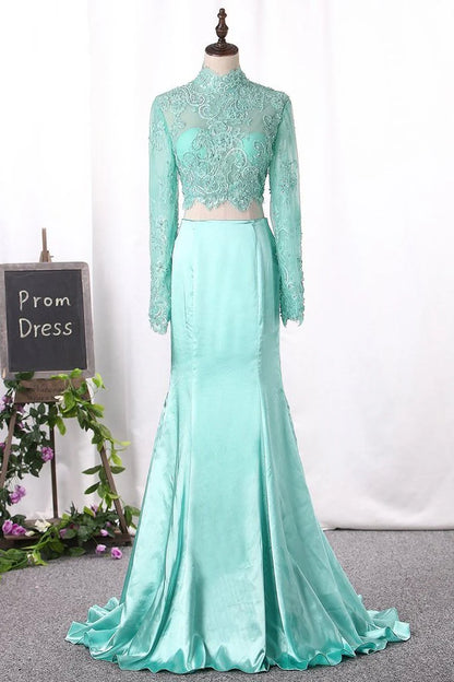 Pretty Two Pieces High Neck Long Sleeve Lace Prom Dress Sexy Mermaid Prom Dresses