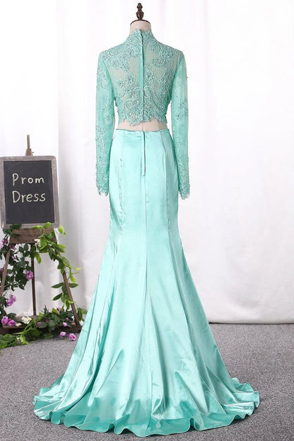 Pretty Two Pieces High Neck Long Sleeve Lace Prom Dress Sexy Mermaid Prom Dresses