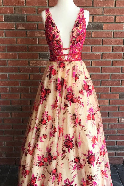 A Line Lace V Neck Red Floral Sexy Long Prom Dresses Simple Evening Dresses