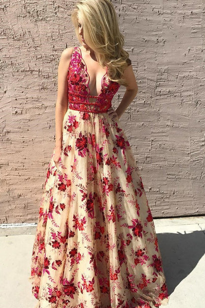 A Line Lace V Neck Red Floral Sexy Long Prom Dresses Simple Evening Dresses