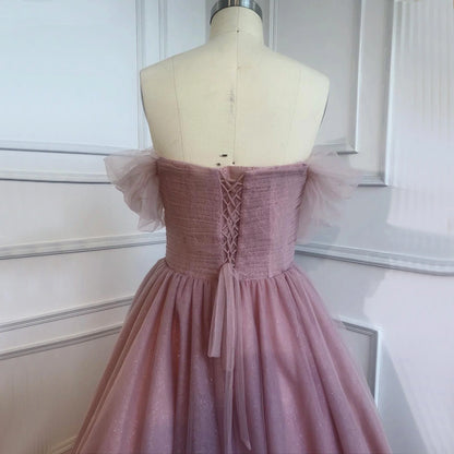 Princess Ball Gown Pink Tulle Off the Shoulder Lace up Homecoming Dresses with Bowknot