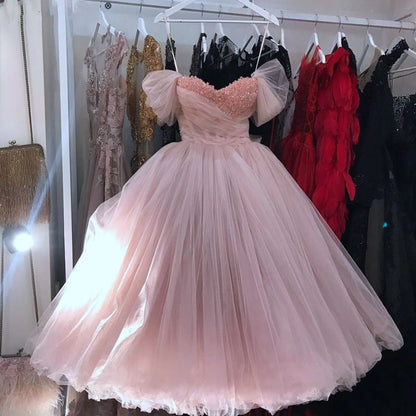 Princess Ball Gown Pink Tulle Off the Shoulder Lace up Homecoming Dresses with Bowknot