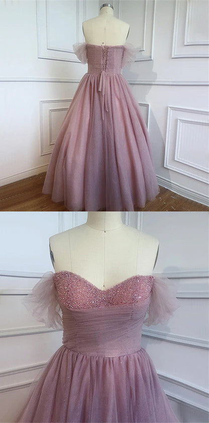 Princess Ball Gown Pink Tulle Off the Shoulder Lace up Homecoming Dresses with Bowknot