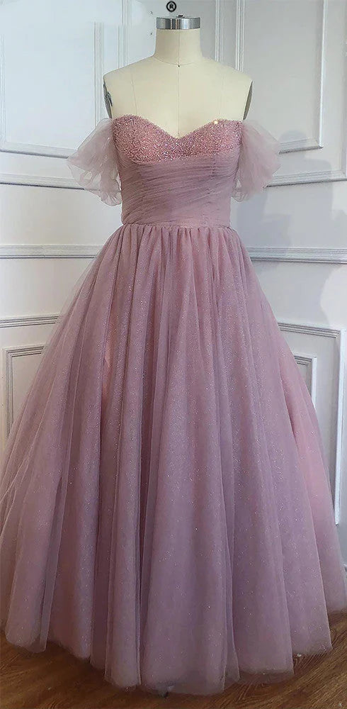 Princess Ball Gown Pink Tulle Off the Shoulder Lace up Homecoming Dresses with Bowknot