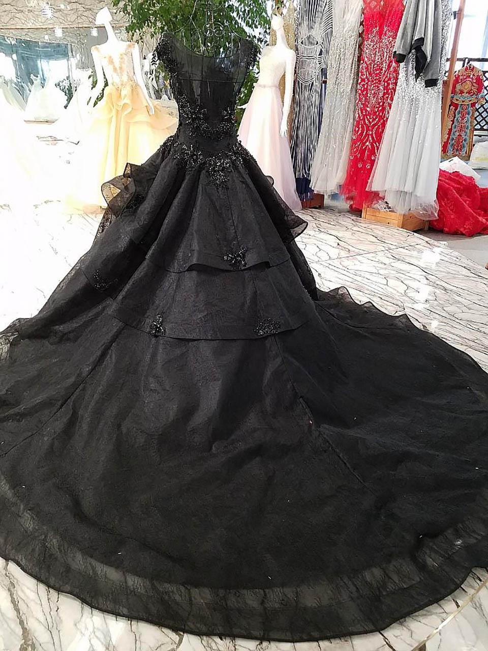 Princess Black Ball Gown Beaded Prom Dresses Tulle Long Quinceanera Dresses