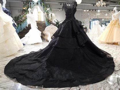 Princess Black Ball Gown Beaded Prom Dresses Tulle Long Quinceanera Dresses