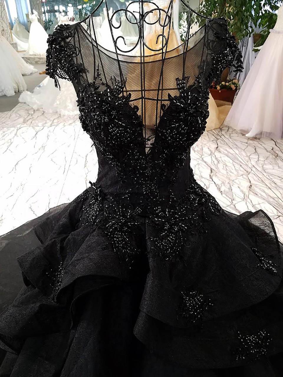 Princess Black Ball Gown Beaded Prom Dresses Tulle Long Quinceanera Dresses