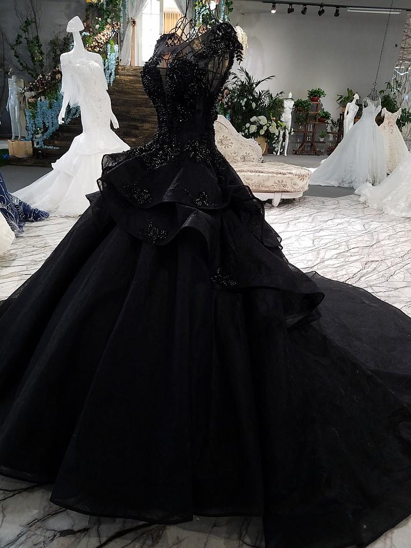 Princess Black Ball Gown Beaded Prom Dresses Tulle Long Quinceanera Dresses