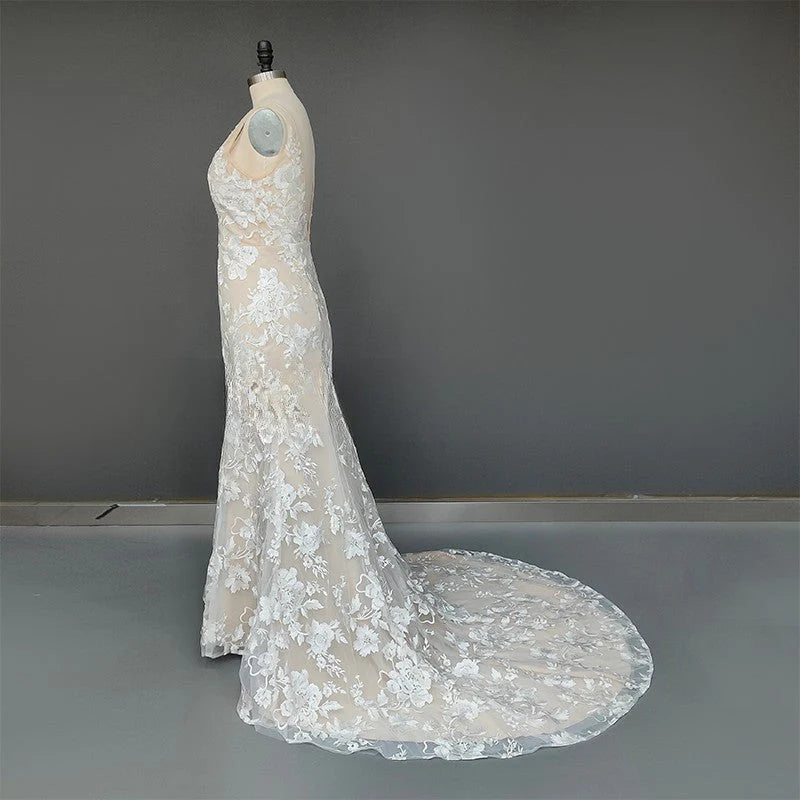Princess Mermaid V Neck Lace Appliques Ivory Wedding Dresses