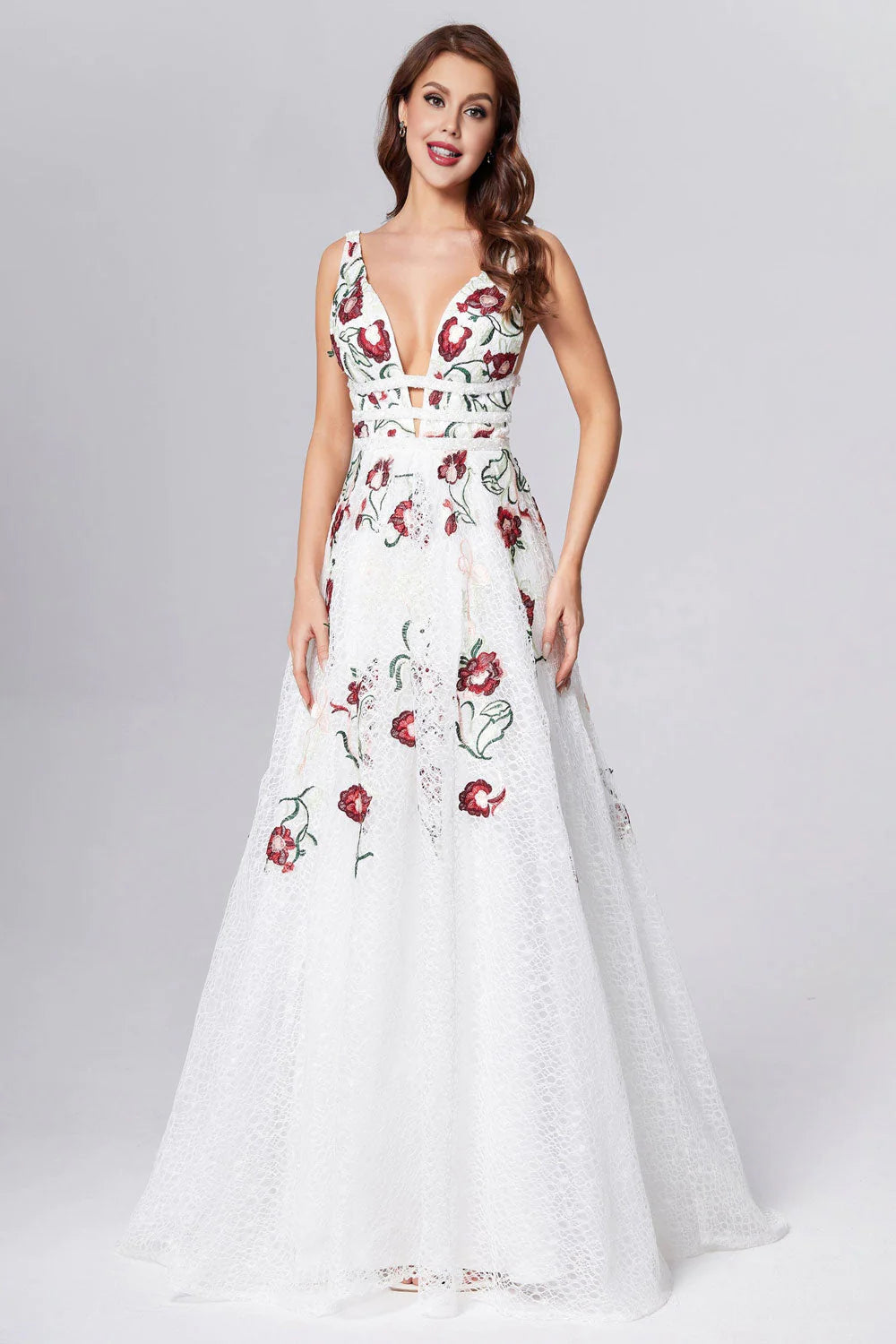 Princess Straps V Neck Lace Prom Dresses With Floral, Backless Long Evening Dresses