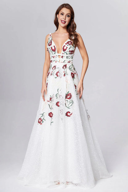 Princess Straps V Neck Lace Prom Dresses With Floral, Backless Long Evening Dresses