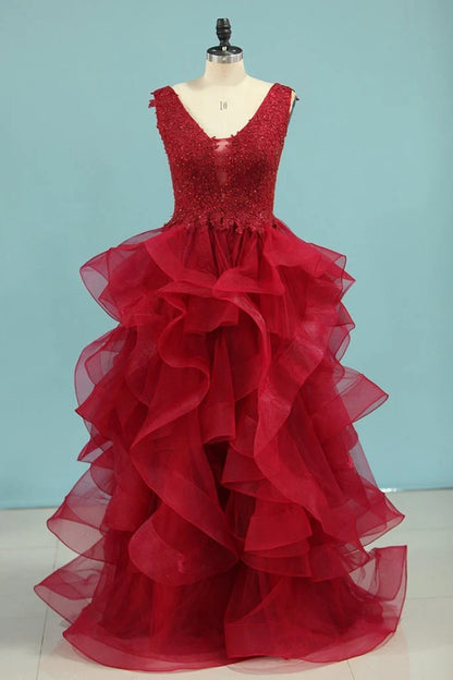 Prom Dresses A Line Tulle With Beads Floor Length