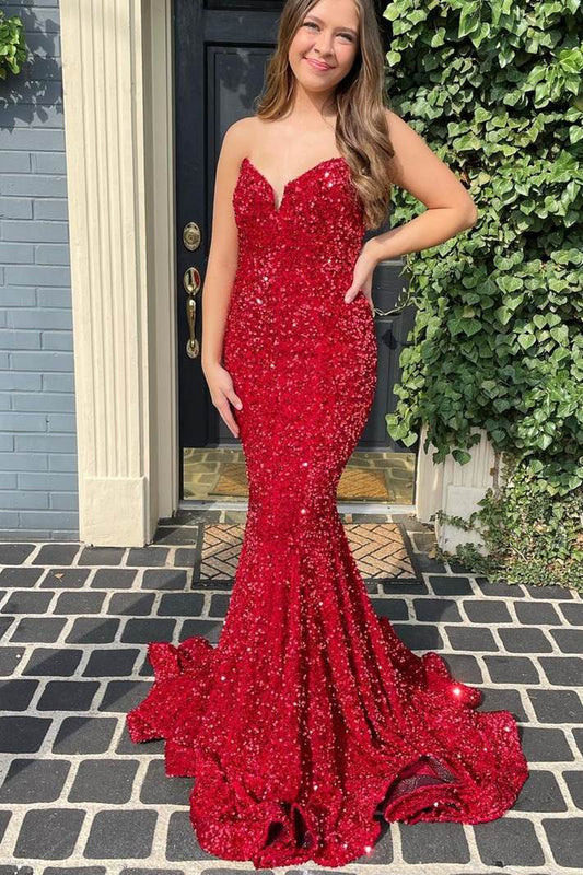 Prom Dresses Mermaid Sequins Strapless Sweep Train