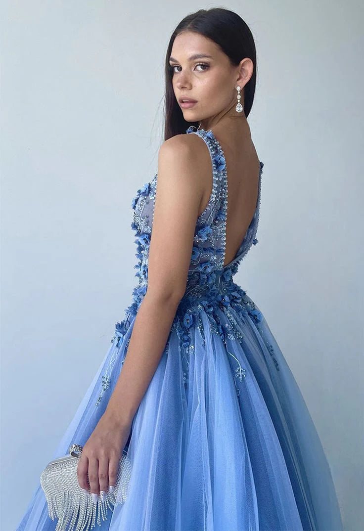 Prom Dresses V Neck Tulle With Beading Sweep Tran A Line