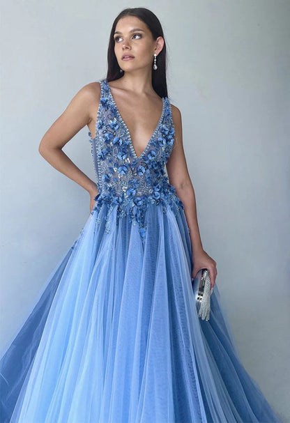 Prom Dresses V Neck Tulle With Beading Sweep Tran A Line