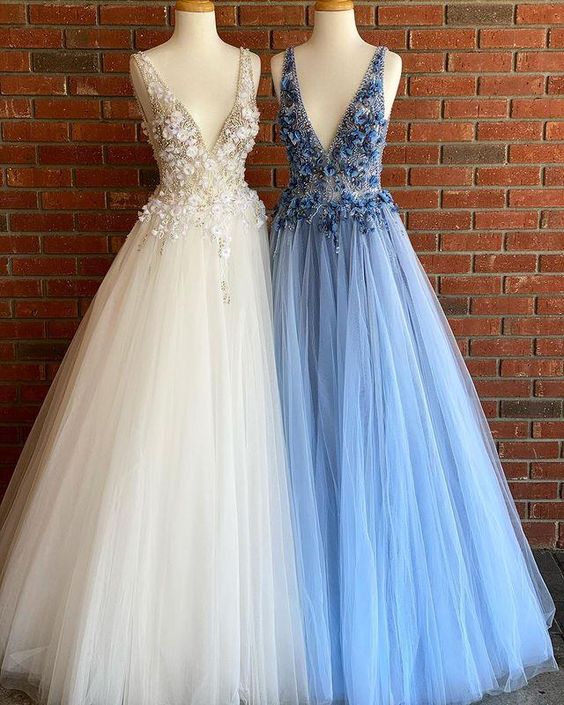 Prom Dresses V Neck Tulle With Beading Sweep Tran A Line