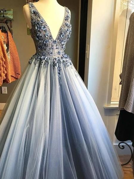 Prom Dresses V Neck Tulle With Beading Sweep Tran A Line